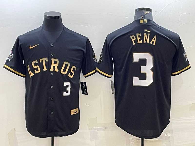 Men%27s Houston Astros #3 Jeremy Pena Number Black Gold 2022 World Series Stitched Baseball Jersey